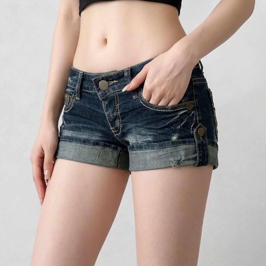 Damen lässige Denim-Shorts mit modischen Distressed-Details und umgeschlagenem Saum R&B