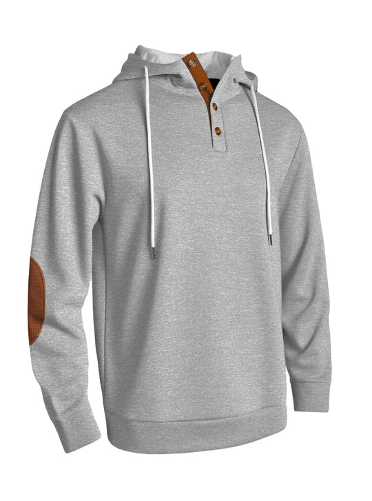 Herren nan Kapuzenpullover im puristischen Freizeitstil mit Henley-Knopfleiste, kontrastierter Kapuzeninnenseite und Ellenbogenaufnähern R&B