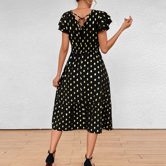 Damen Maxikleid mit Rüschendetails und schimmerndem Punktmuster R&B