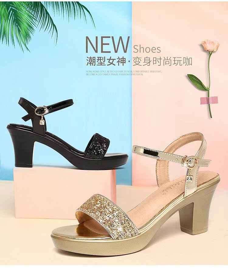 Damen nan Glitzer-Zehenschlaufen-Sandalette mit Plateaueffekt und stabilem Blockabsatz R&B