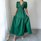 Damen Maxi-Jumpsuit mit gerafften Ärmeln und schwingendem Rock R&B