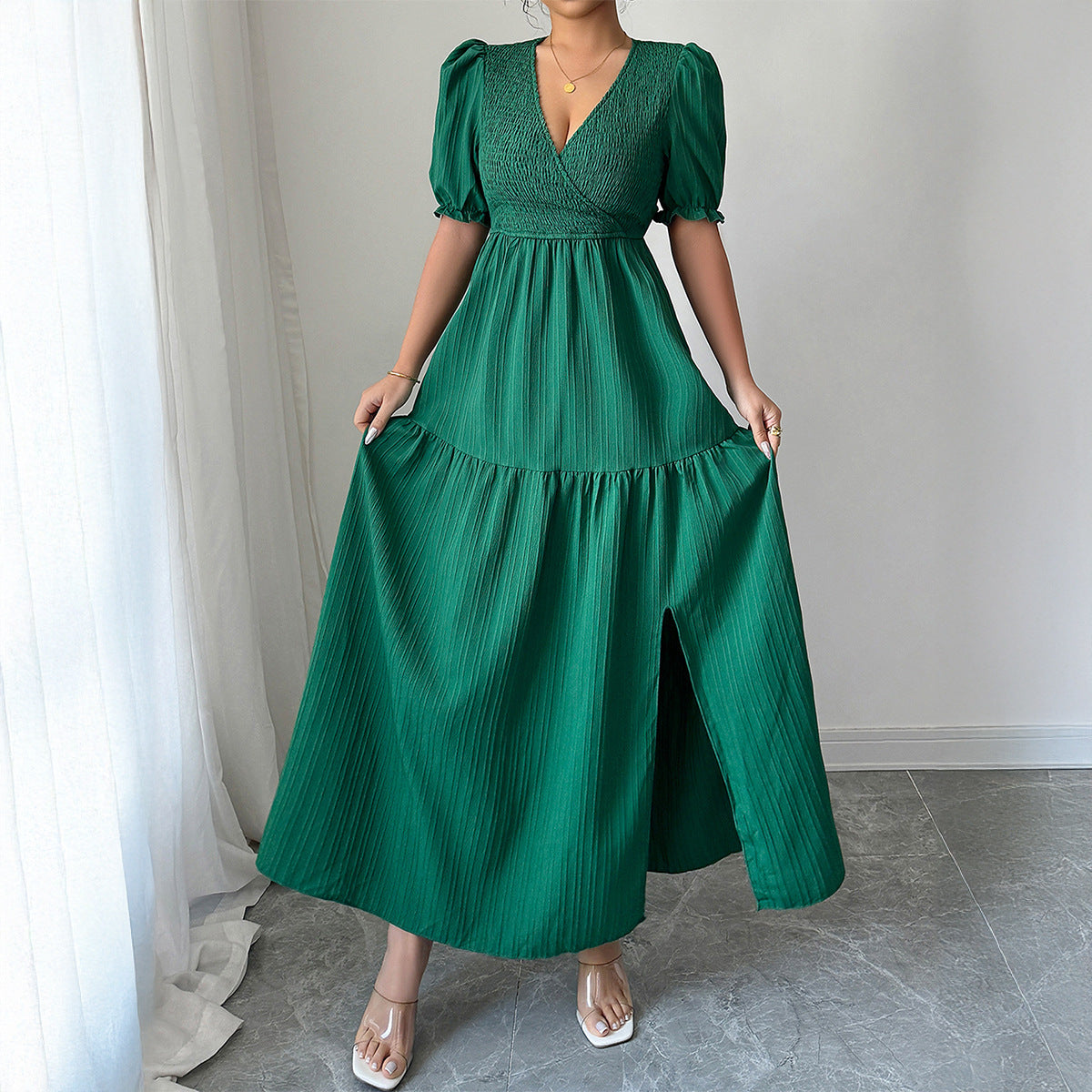 Damen Maxi-Jumpsuit mit gerafften Ärmeln und schwingendem Rock R&B