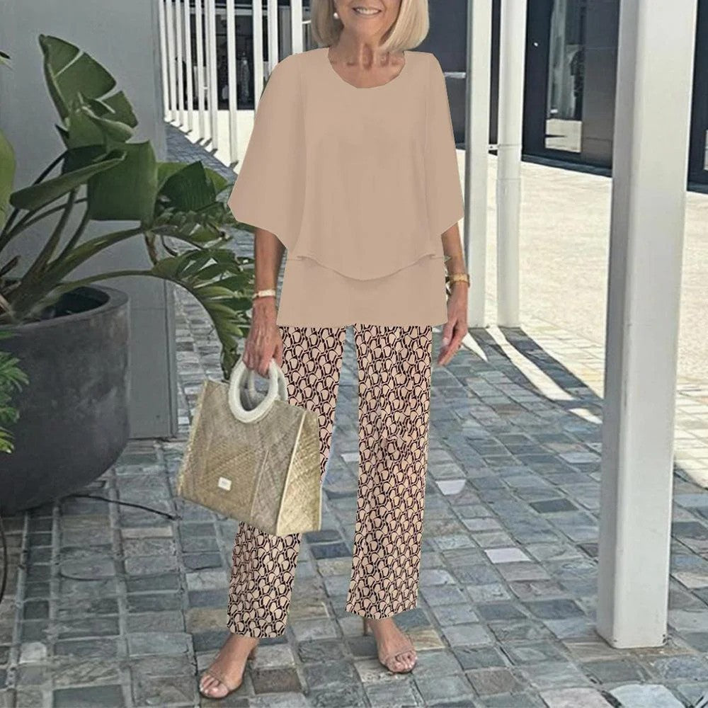 Damen nan Lagen-Tunika mit Cape-Ärmeln und knöchellanger Geradebeinhose mit Grafikprint R&B