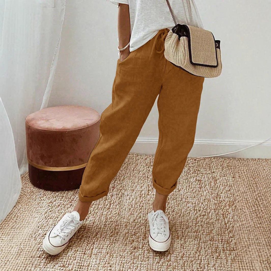 Damen Leichte und bequeme Leinenhose mit Kordelzug R&B