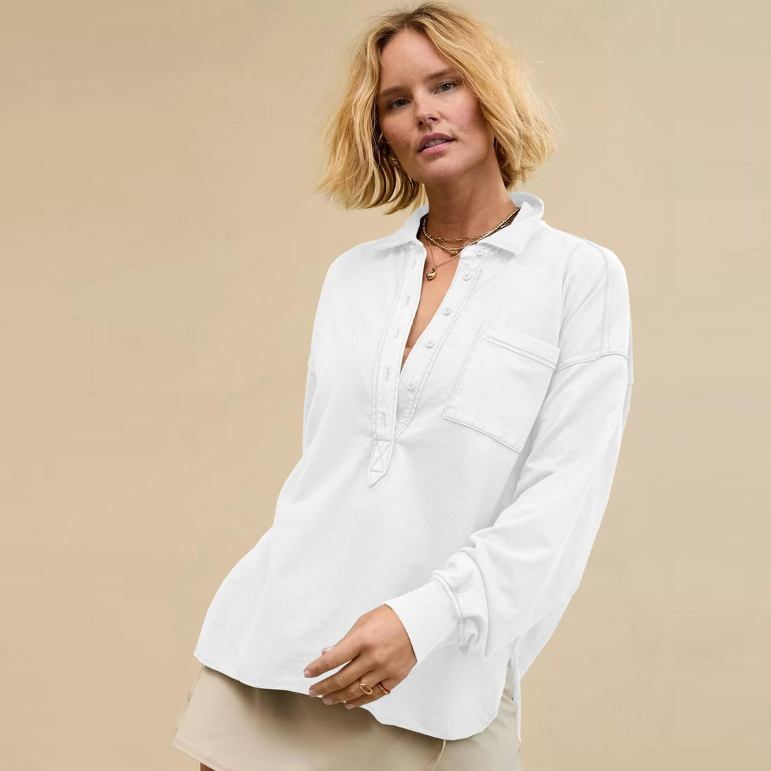 Damen Elegantes langärmliges Oberteil mit Knopfleiste und Brusttasche R&B