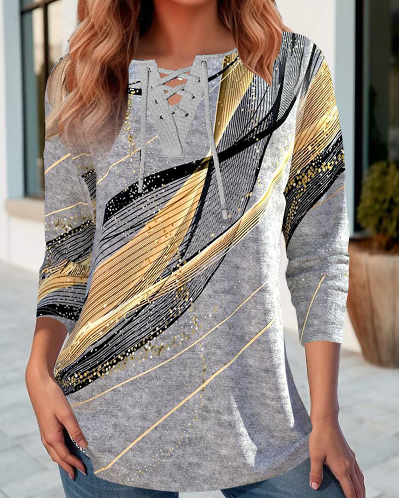 Damen Langarmbluse mit raffiniertem Schnürdesign und abstractem Muster Heidi-Mode