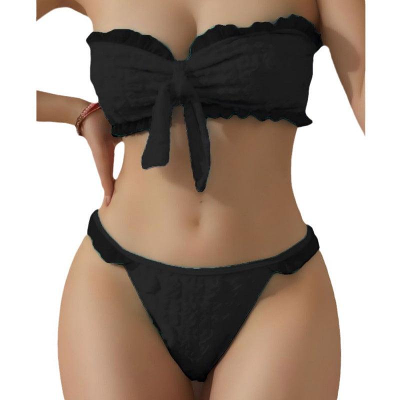 Damen Bandeau-Bikini mit modischen Rüschendetails und verstellbarem Knotendesign R&B