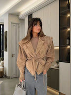 Damen schicke Wollblazerjacke mit Taillengürtel R&B