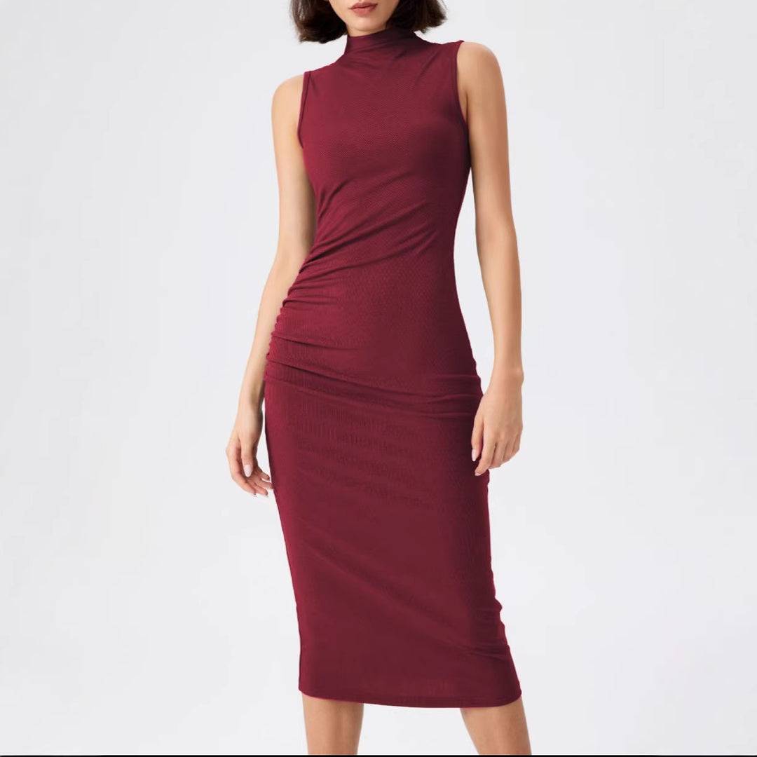 Damen elegantes Midi-Kleid mit figurbetontem Schnitt und hohem Kragen R&B