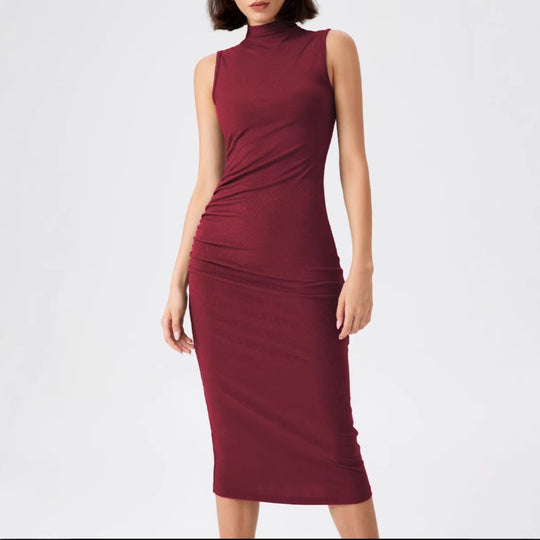 Damen elegantes Midi-Kleid mit figurbetontem Schnitt und hohem Kragen R&B