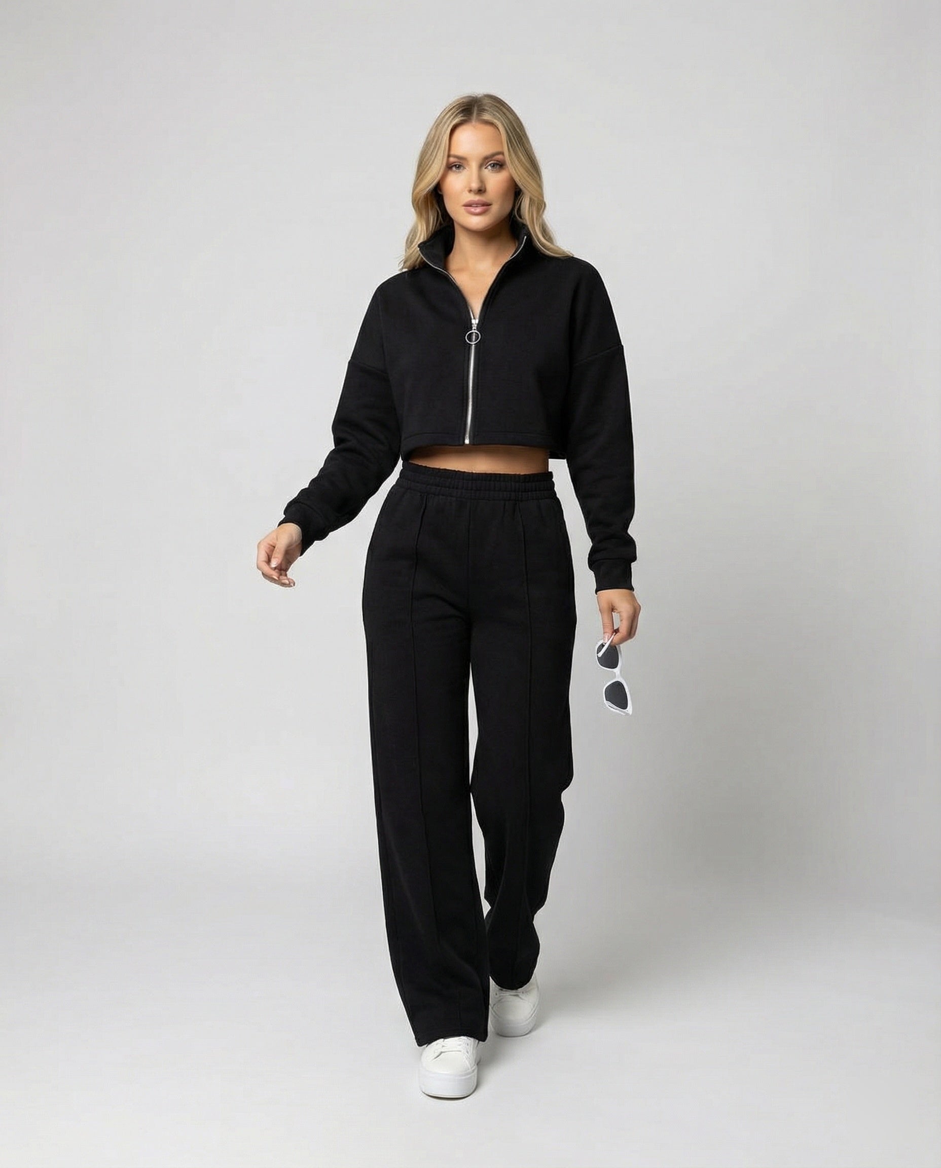 Damen Cropped Fleece-Jacke mit Reißverschluss R&B