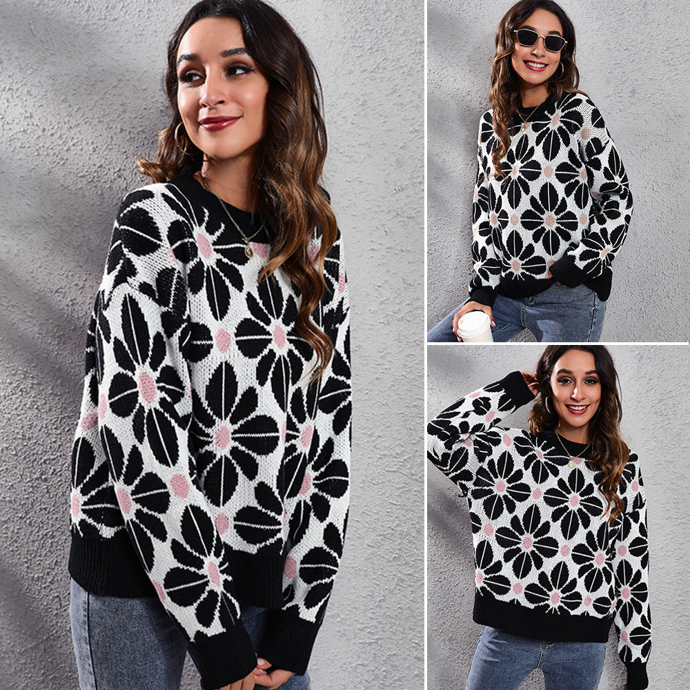 Damen Gemusterter Strickpullover mit floralem Design und hohem Kragen R&B