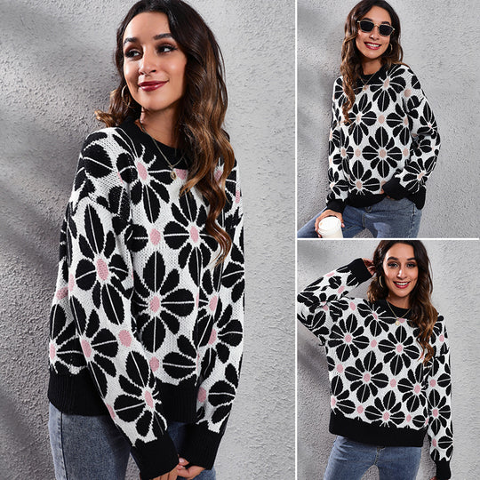 Damen Gemusterter Strickpullover mit floralem Design und hohem Kragen R&B