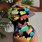 Damen Einteiler Badeanzug mit kreativem Graffiti-Muster und modernem Cut-Out