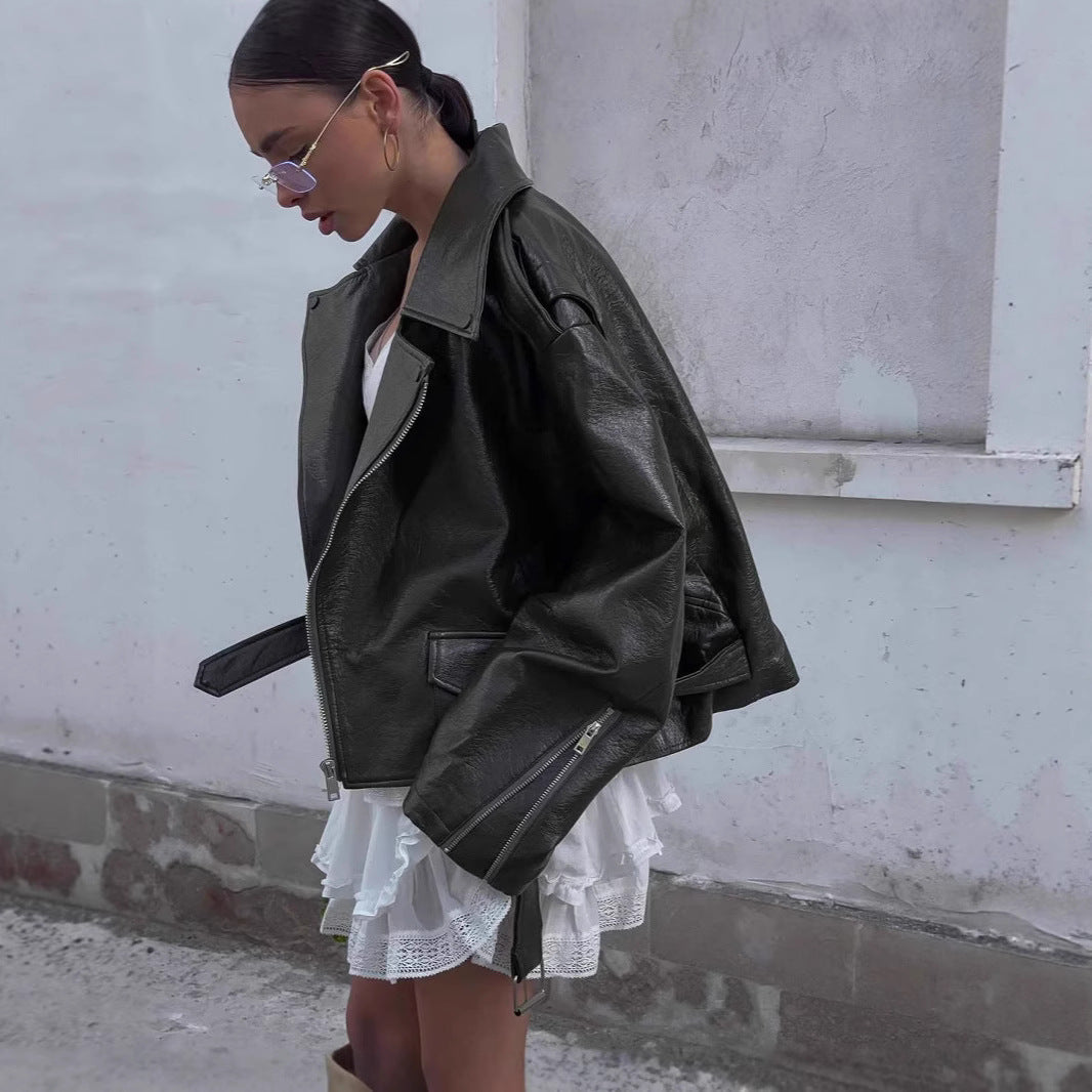 Damen Oversized Kunstlederjacke mit asymmetrischem Reißverschluss R&B