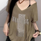 Damen stylisches Oversized T-Shirt mit Kreuz-Print und Glitzerdetails R&B