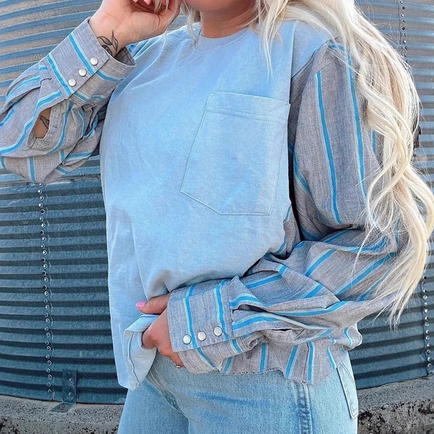 Damen nan Langarmshirt im Lagenlook mit Brusttasche und gestreiften Hemdärmeln R&B