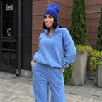 Damen Kuscheliges Fleece-Loungewear-Set mit Halb-Reißverschluss und elastischem Bund R&B