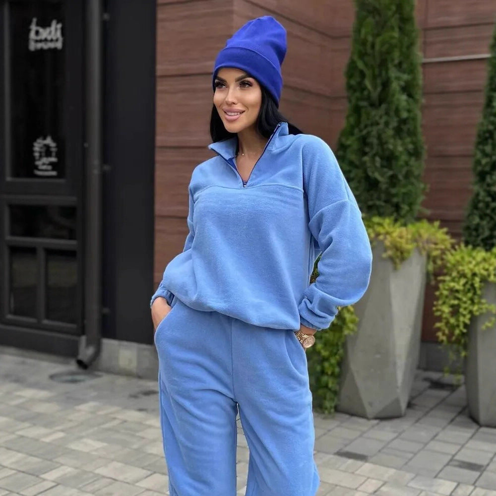 Damen Kuscheliges Fleece-Loungewear-Set mit Halb-Reißverschluss und elastischem Bund R&B