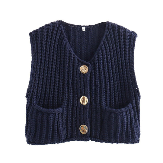 Damen modische Strickweste mit Knopfdetails und aufgesetzten Taschen R&B