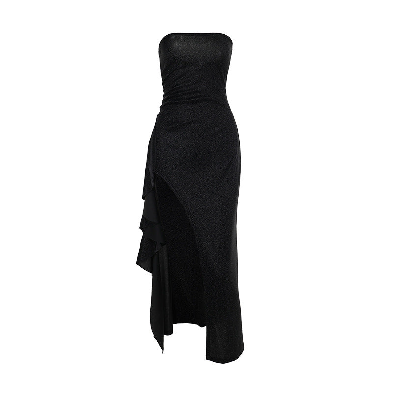 Damen elegantes schulterfreies Abendkleid mit asymmetrischem Volant R&B