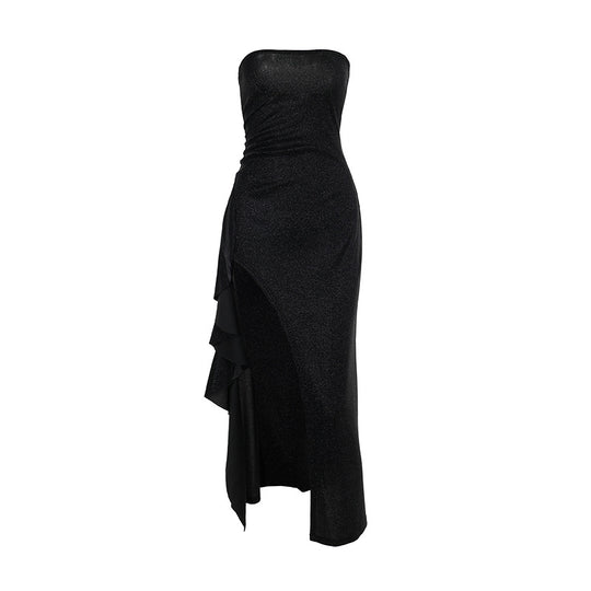 Damen elegantes schulterfreies Abendkleid mit asymmetrischem Volant R&B