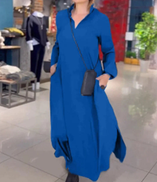 Damen Maxikleid mit praktischen Seitentaschen und modernem Hemdblusenkragen R&B
