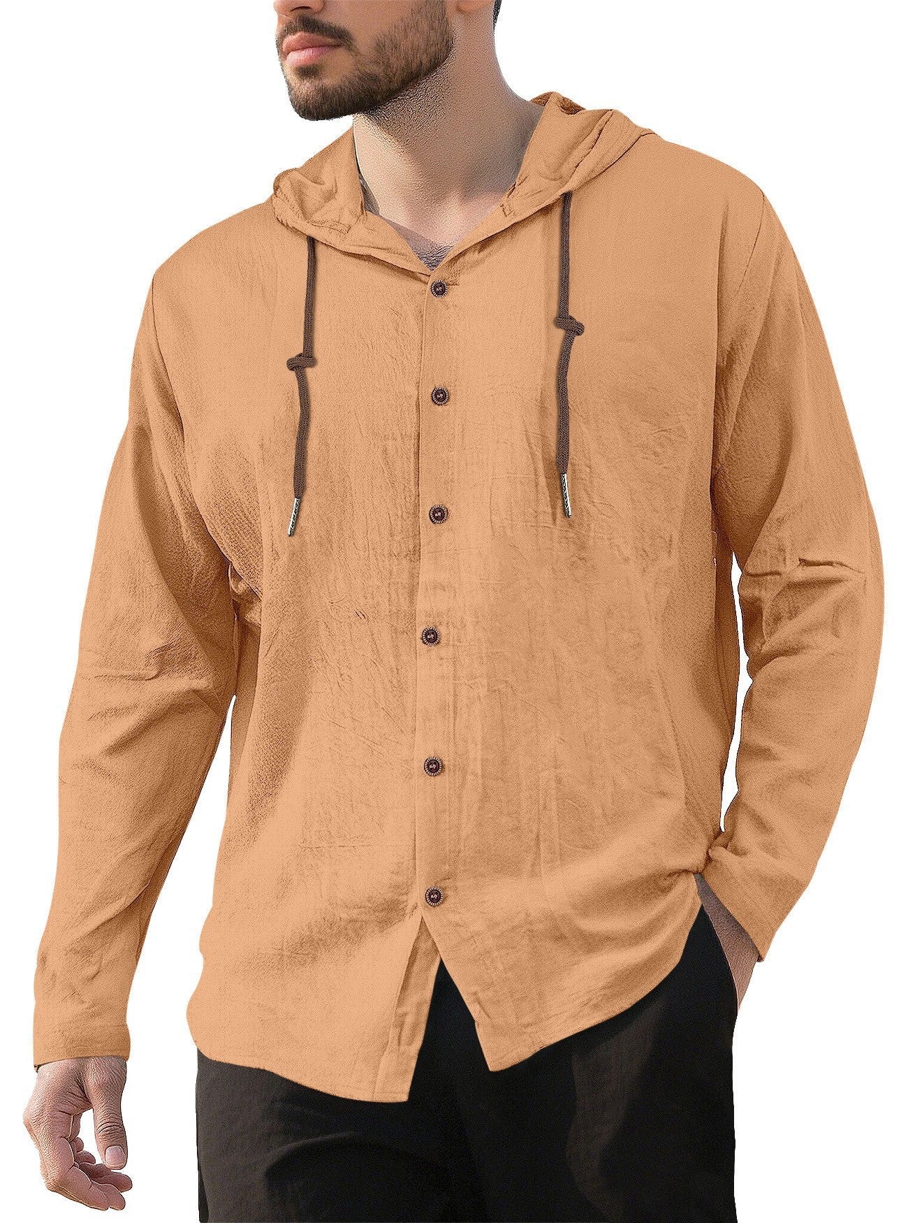 Herren nan Kapuzenhemd im Leinen-Look mit durchgehender Knopfleiste und Kordelzug R&B