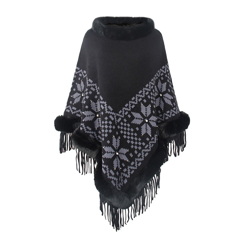 Damen eleganter Poncho mit dekorativem Fransen-Design und Kunstfellbesatz R&B