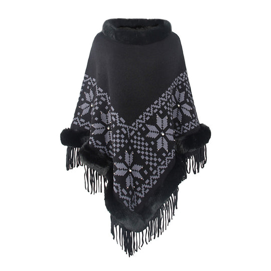 Damen eleganter Poncho mit dekorativem Fransen-Design und Kunstfellbesatz R&B