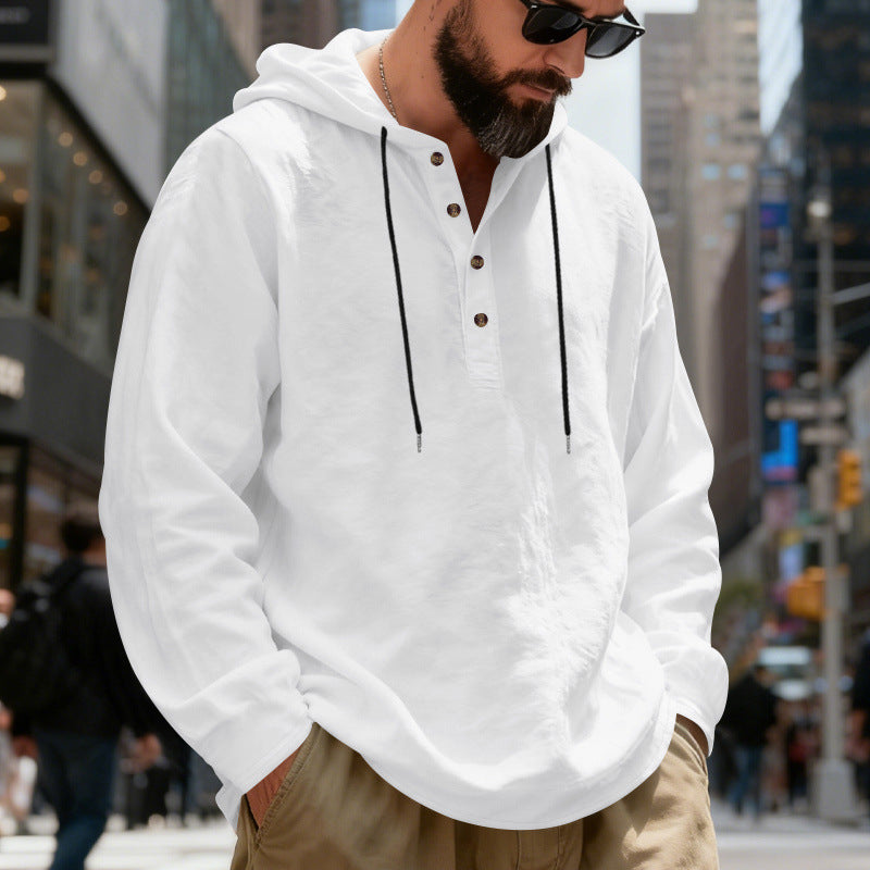 Herren nan leichter Kapuzenshirt mit Knopfleiste aus Leinenmischung und entspanntem Schnitt R&B