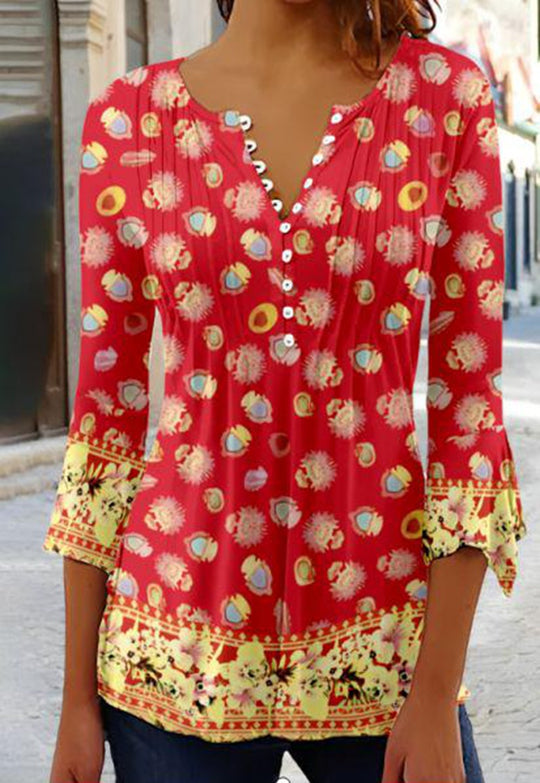 Damen nan leichte Boho-Bluse mit V-Ausschnitt, Zierfalten, Knopfleiste und dreiviertelärmeln R&B