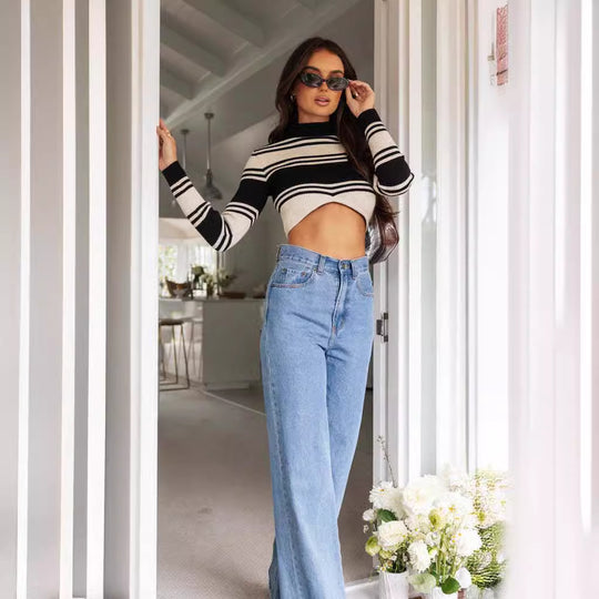 Damen Flared Jeans mit hohem Bund und weitem Bein für lässigen Stil R&B