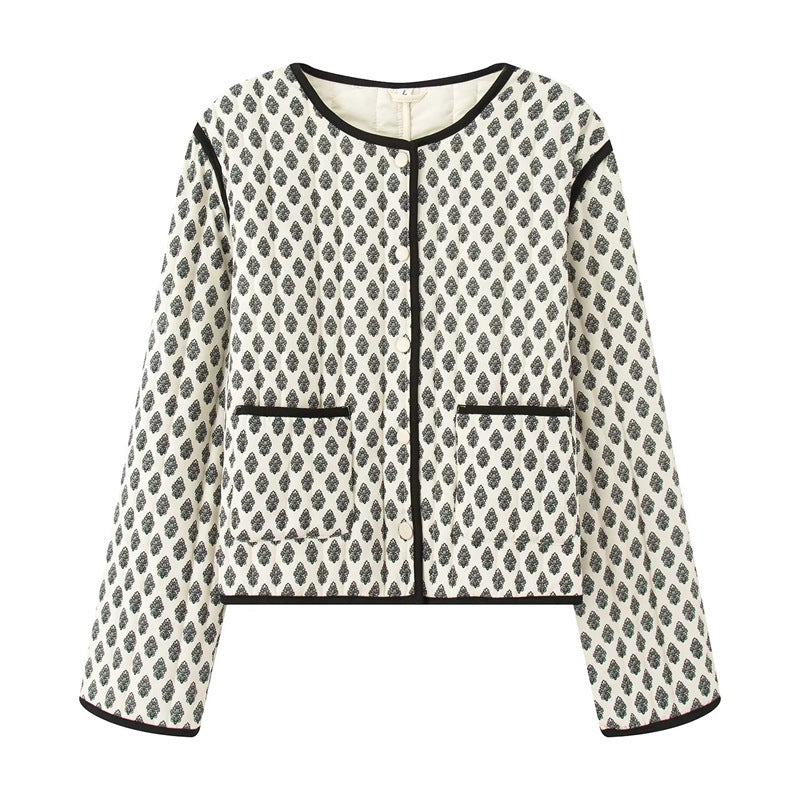 Damen gesteppte Jacke mit dekorativen Taschen und modernem Print R&B