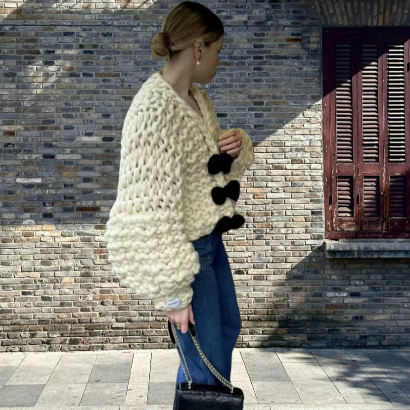 Damen Kuschelige Strickjacke mit Großen Knöpfen R&B
