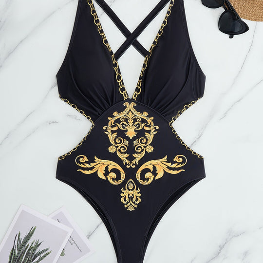 Damen Einteiler Badeanzug mit elegantem Muster und schimmernden Details R&B