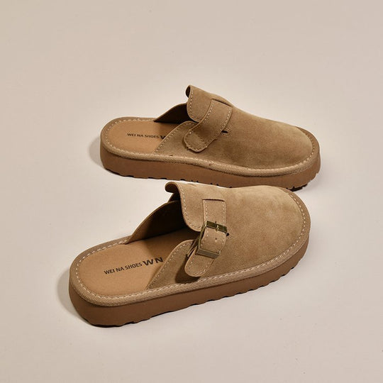 Damen bequeme Clogs aus weichem Wildleder mit modischem Schnallenverschluss R&B
