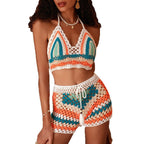 Damen gehäkeltes Bikini-Set mit angesagtem Crop-Top und lässigen Shorts R&B