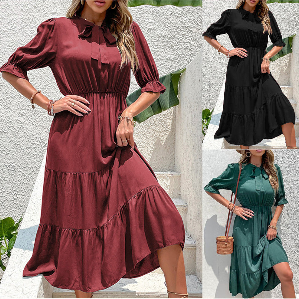 Damen Midikleid mit schickem Rüschensaum und elegantem Stehkragen