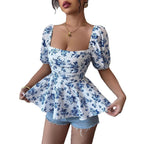 Damen Raffiniertes Oberteil mit Puffärmeln und floralem Design R&B