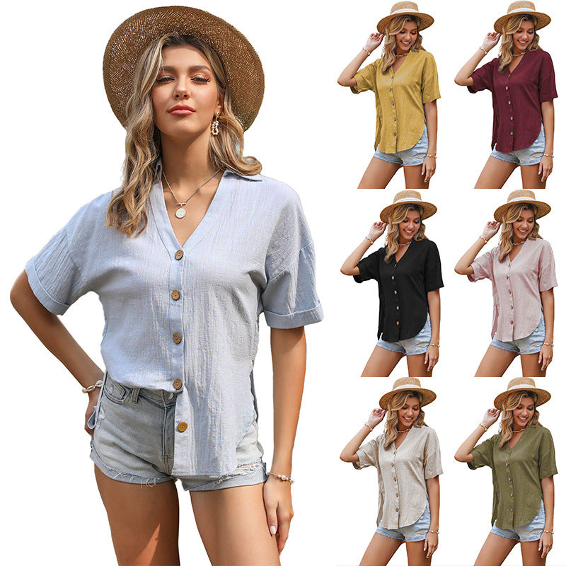 Damen lässige Knotenbluse mit kurzen Ärmeln und Knopfdetails R&B