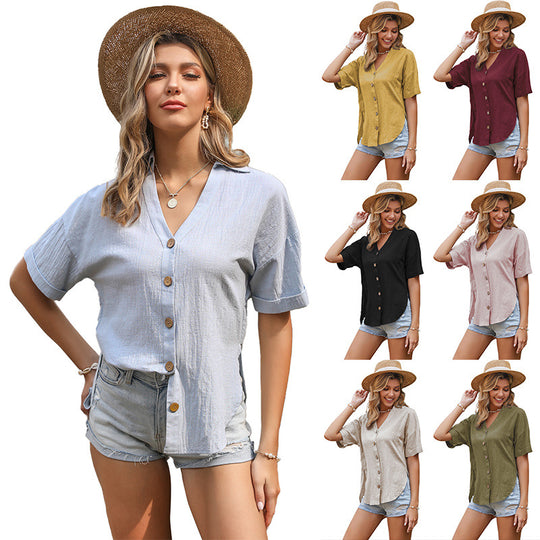 Damen lässige Knotenbluse mit kurzen Ärmeln und Knopfdetails R&B