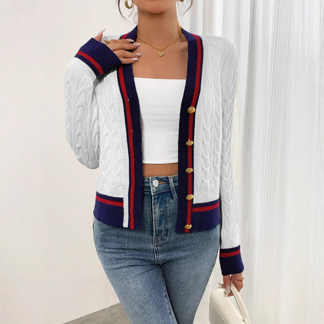 Damen modische Strickjacke mit strukturiertem Zopfdesign und Kontrastbündchen R&B
