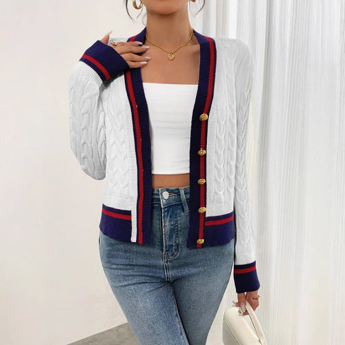 Damen modische Strickjacke mit strukturiertem Zopfdesign und Kontrastbündchen R&B