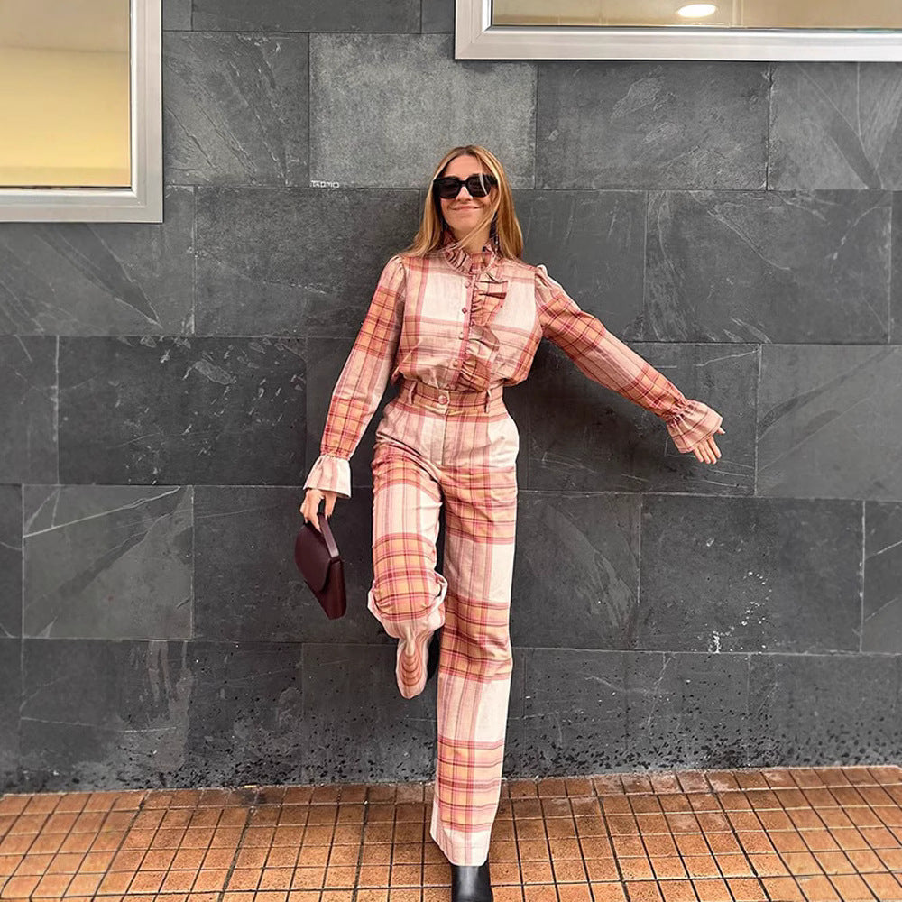 Damen Karomuster Jumpsuit mit Gürtel und Rüschen R&B