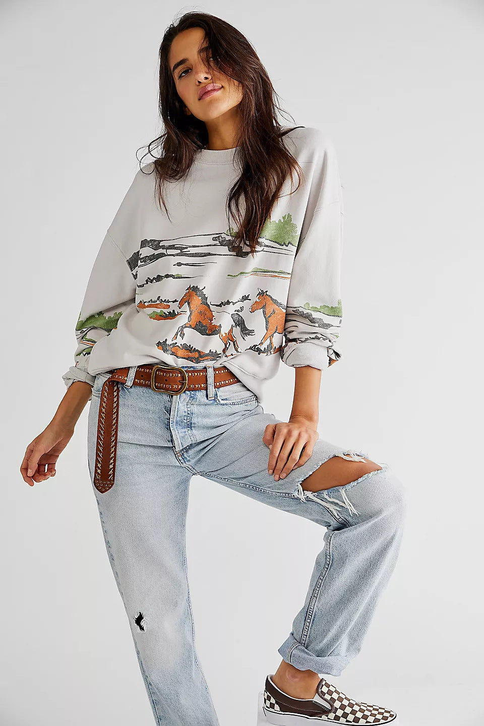 Damen Sweatshirt mit kreativer Pferdemotiv-Grafik und lässigem Schnitt R&B