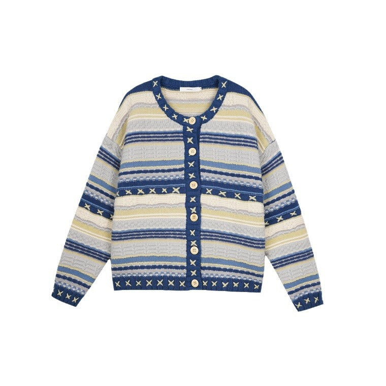 Damen Strickjacke mit buntem Streifenmuster und dekorativen Knöpfen R&B