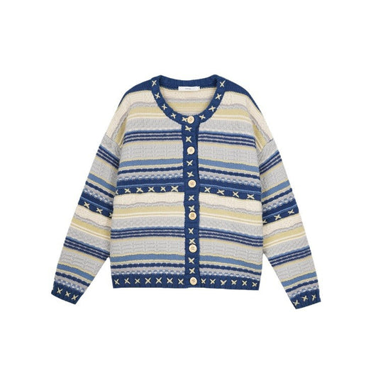 Damen Strickjacke mit buntem Streifenmuster und dekorativen Knöpfen R&B