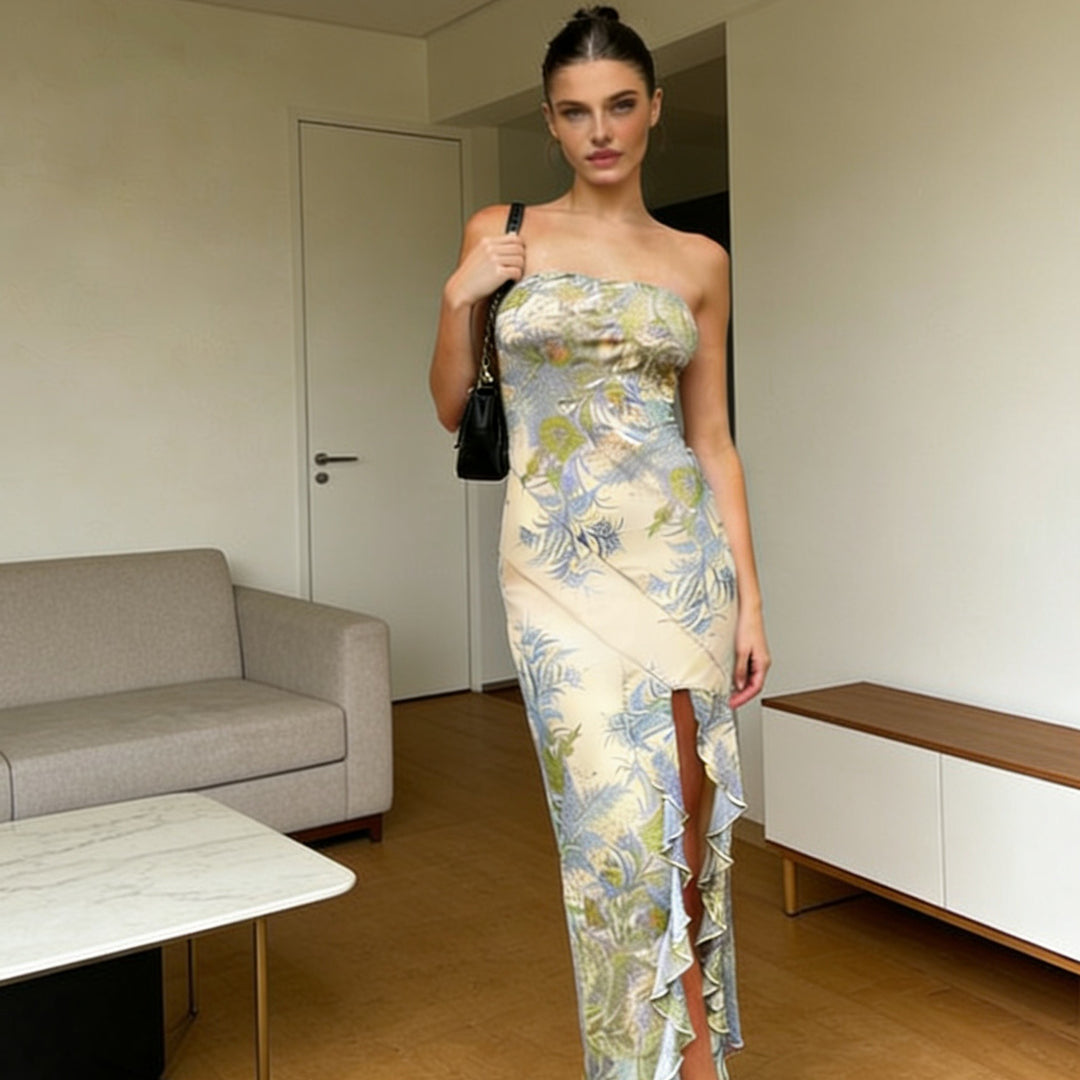 Damen Strapless Maxikleid mit Rüschen und floralem Muster R&B