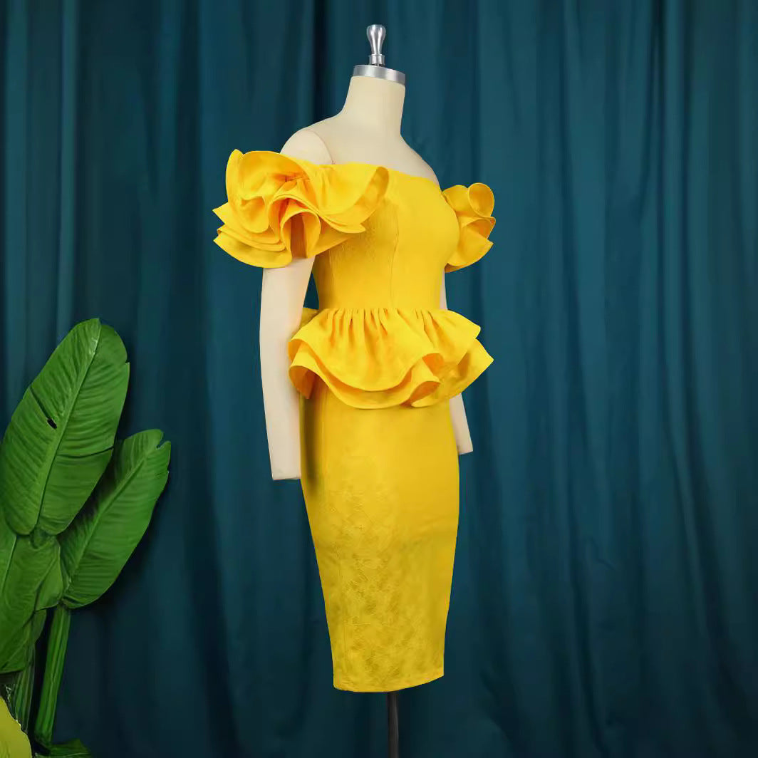 Damen figurbetontes Cocktailkleid mit voluminösen Rüschenärmeln R&B